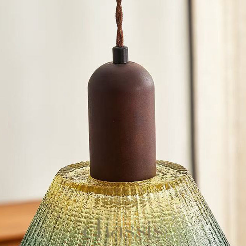 Traditional Japanese Glass Wood Cylindrical Conical 1-Light Pendant Light For Living Room