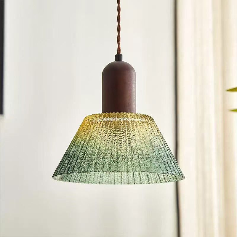 Traditional Japanese Glass Wood Cylindrical Conical 1-Light Pendant Light For Living Room