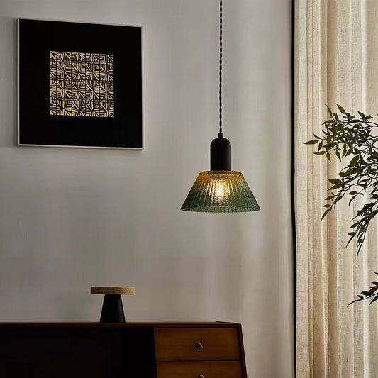 Traditional Japanese Glass Wood Cylindrical Conical 1-Light Pendant Light For Living Room