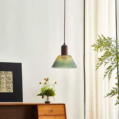 Traditional Japanese Glass Wood Cylindrical Conical 1-Light Pendant Light For Living Room