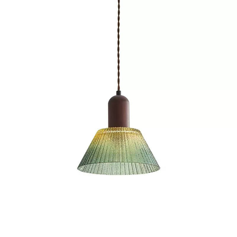 Traditional Japanese Glass Wood Cylindrical Conical 1-Light Pendant Light For Living Room