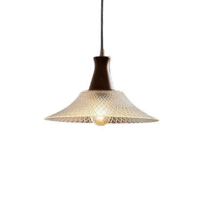 Traditional Chinese Glass Walnut Brass Flared Round 1-Light Pendant Light For Bedroom