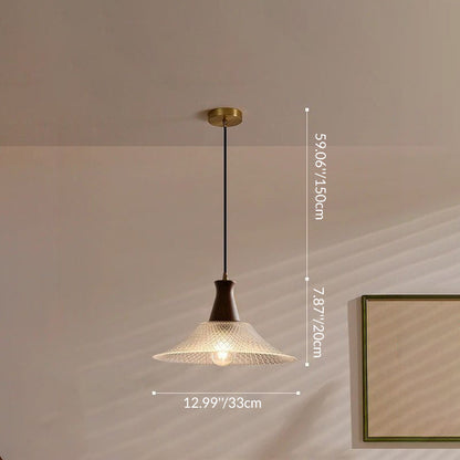 Traditional Chinese Glass Walnut Brass Flared Round 1-Light Pendant Light For Bedroom