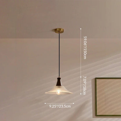 Traditional Chinese Glass Walnut Brass Flared Round 1-Light Pendant Light For Bedroom