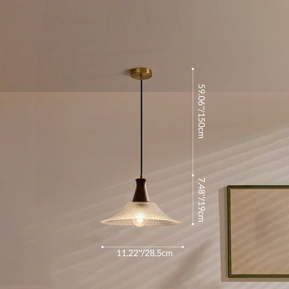Traditional Chinese Glass Walnut Brass Flared Round 1-Light Pendant Light For Bedroom