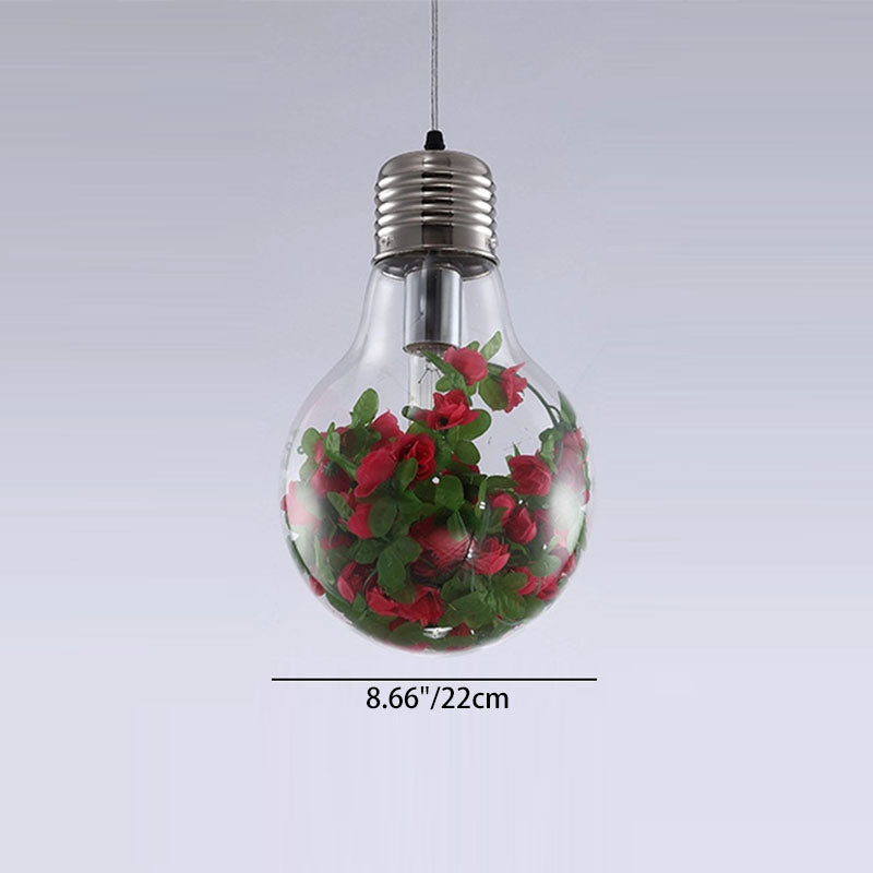 Traditional Rustic Glass Iron Bulb Rose Pendant Light 1-Light For Living Room