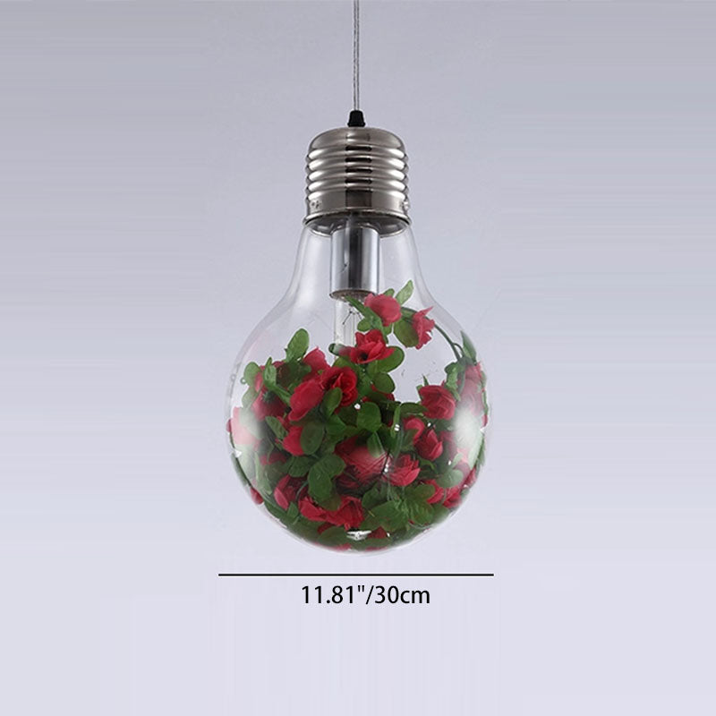 Traditional Rustic Glass Iron Bulb Rose Pendant Light 1-Light For Living Room