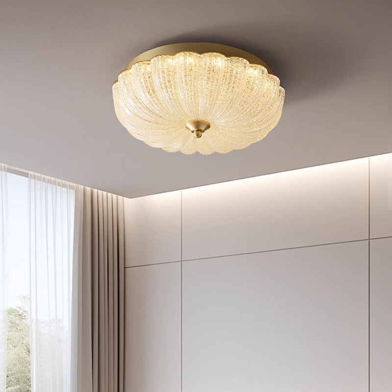 Modern Luxury Glass Brass Iron Petal-Shaped Round LED Flush Mount Ceiling Light For Bedroom