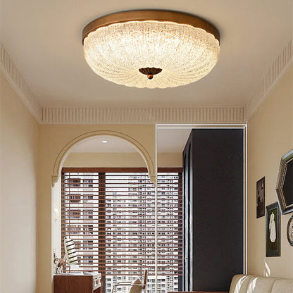 Traditional Chinese Glass Iron Wavy Semi-Round LED Flush Mount Ceiling Light For Bedroom