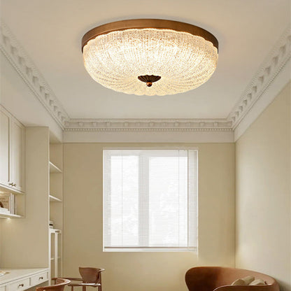Traditional Chinese Glass Iron Wavy Semi-Round LED Flush Mount Ceiling Light For Bedroom