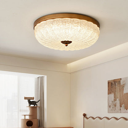 Traditional Chinese Glass Iron Wavy Semi-Round LED Flush Mount Ceiling Light For Bedroom