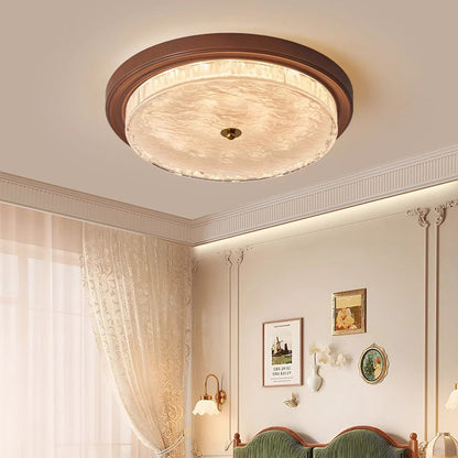 Traditional Vintage Glass Iron Ripple Round LED Flush Mount Ceiling Light For Bedroom