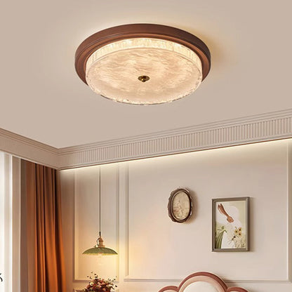 Traditional Vintage Glass Iron Ripple Round LED Flush Mount Ceiling Light For Bedroom