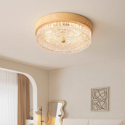 Traditional Chinese Metal Glass Ripple Round LED Flush Mount Ceiling Light For Bedroom