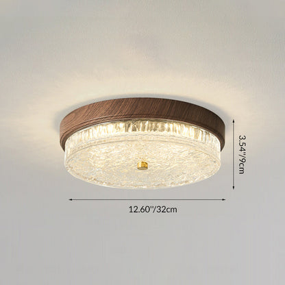 Traditional Chinese Metal Glass Ripple Round LED Flush Mount Ceiling Light For Bedroom