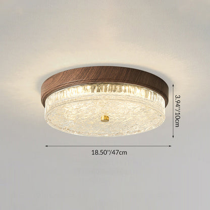 Traditional Chinese Metal Glass Ripple Round LED Flush Mount Ceiling Light For Bedroom