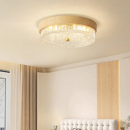 Traditional Chinese Metal Glass Ripple Round LED Flush Mount Ceiling Light For Bedroom