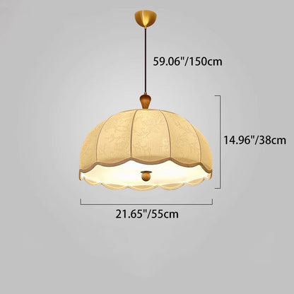 Traditional French Brass Ash Wood Fabric Wavy Round 3/5-Light Chandelier For Living Room