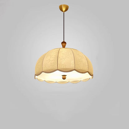 Traditional French Brass Ash Wood Fabric Wavy Round 3/5-Light Chandelier For Living Room
