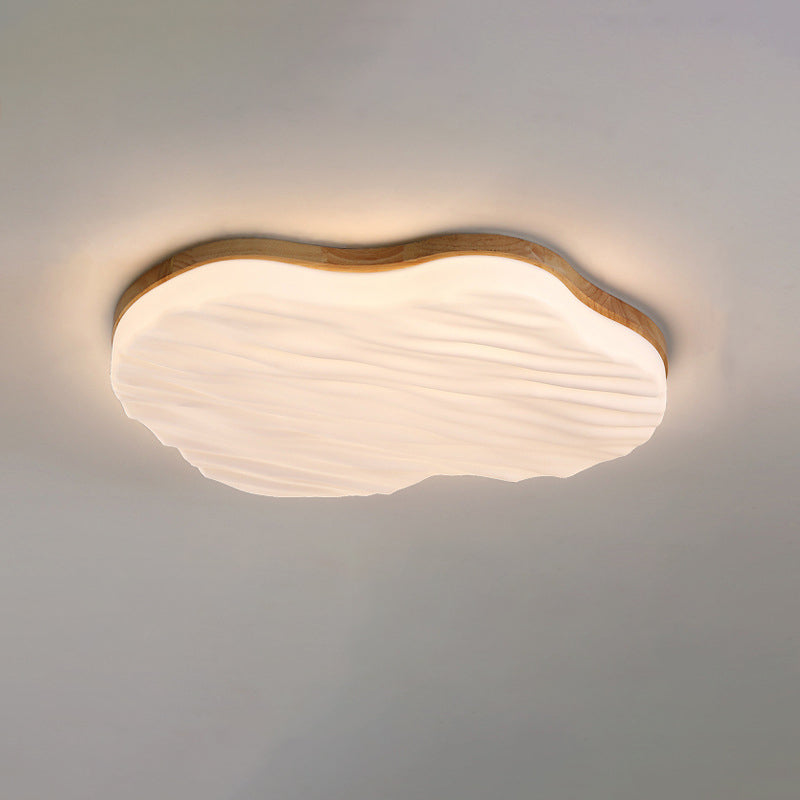 Traditional Chinese Rubberwood Acrylic Cloud Wave LED Flush Mount Ceiling Light For Living Room & Bedroom