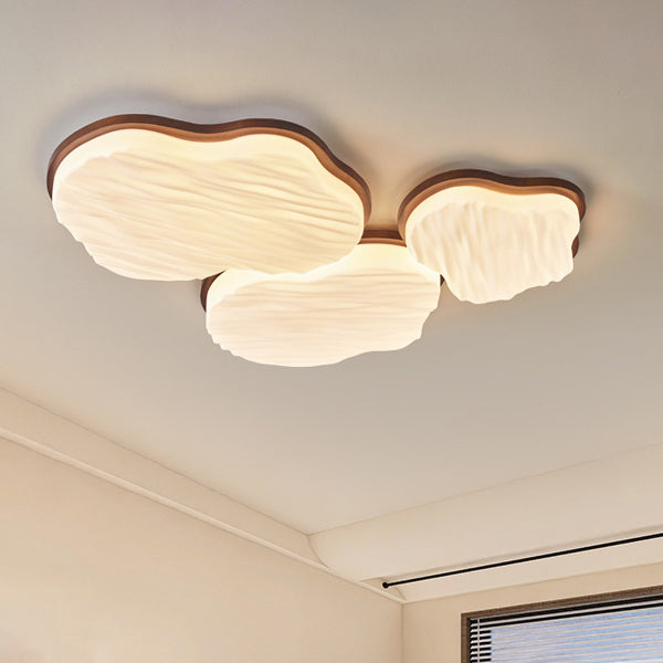 Traditional Chinese Rubberwood Acrylic Cloud Wave LED Flush Mount Ceiling Light For Living Room & Bedroom
