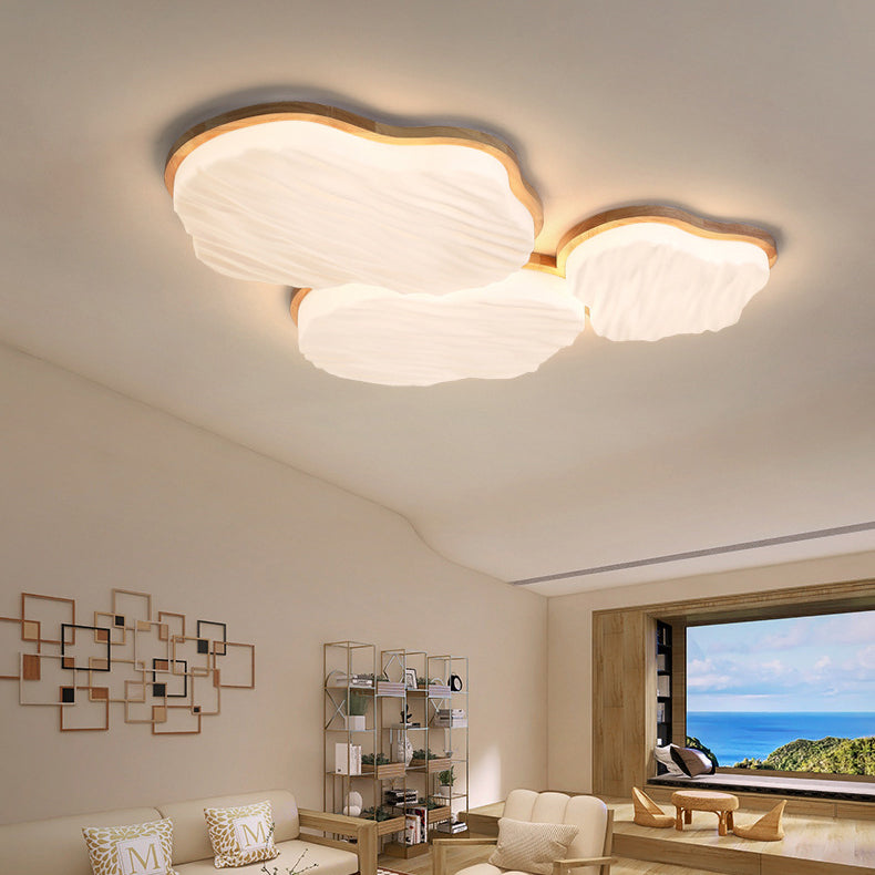 Traditional Chinese Rubberwood Acrylic Cloud Wave LED Flush Mount Ceiling Light For Living Room & Bedroom