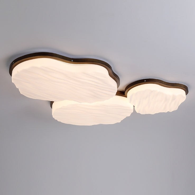 Traditional Chinese Rubberwood Acrylic Cloud Wave LED Flush Mount Ceiling Light For Living Room & Bedroom
