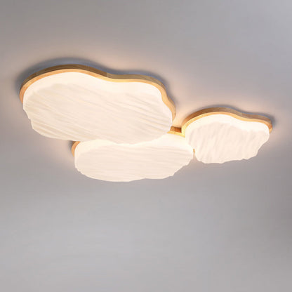 Traditional Chinese Rubberwood Acrylic Cloud Wave LED Flush Mount Ceiling Light For Living Room & Bedroom