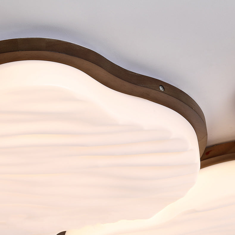 Traditional Chinese Rubberwood Acrylic Cloud Wave LED Flush Mount Ceiling Light For Living Room & Bedroom