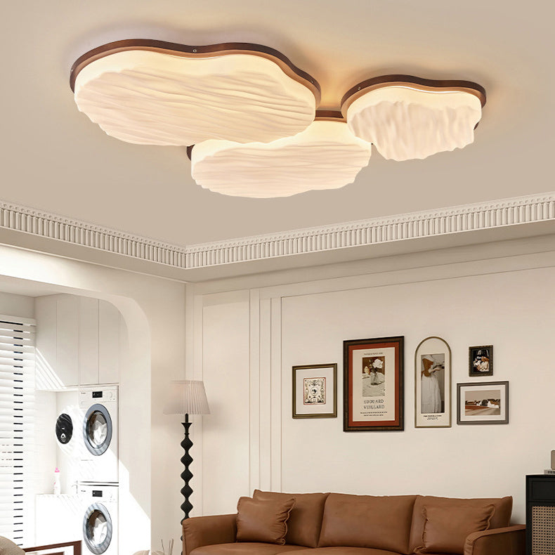 Traditional Chinese Rubberwood Acrylic Cloud Wave LED Flush Mount Ceiling Light For Living Room & Bedroom