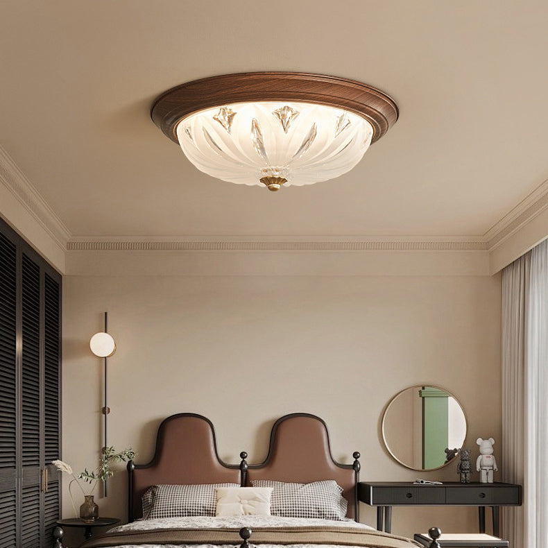 Traditional Chinese Glass Iron Textured Semi-Dome LED Flush Mount Ceiling Light For Bedroom