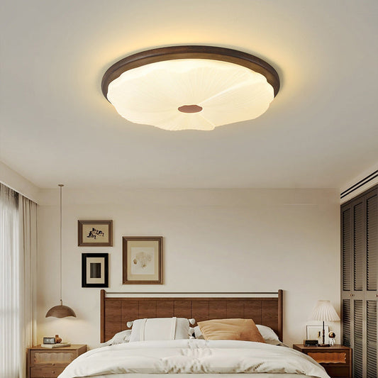 Contemporary Creative Solid Wood Iron Acrylic Cookie Round LED Flush Mount Ceiling Light For Bedroom