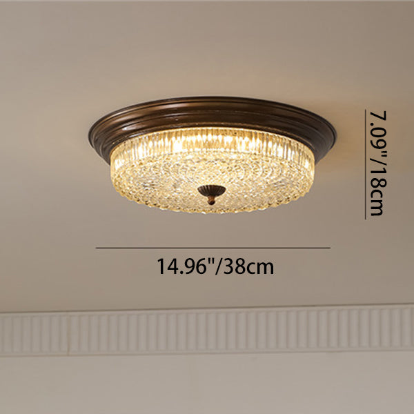 Traditional French Glass Iron Textured Round LED Flush Mount Ceiling Light For Bedroom