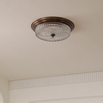 Traditional French Glass Iron Textured Round LED Flush Mount Ceiling Light For Bedroom