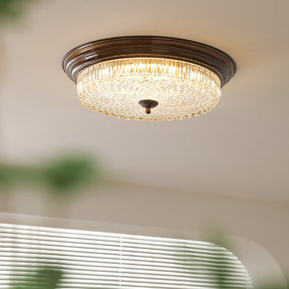 Traditional French Glass Iron Textured Round LED Flush Mount Ceiling Light For Bedroom