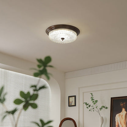 Traditional French Glass Iron Textured Round LED Flush Mount Ceiling Light For Bedroom