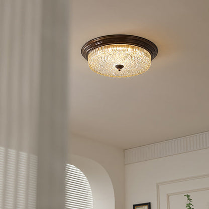 Traditional French Glass Iron Textured Round LED Flush Mount Ceiling Light For Bedroom
