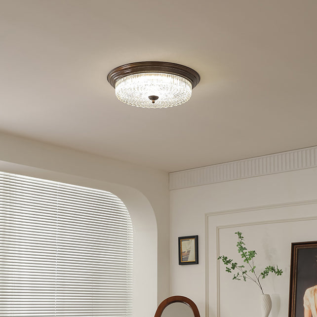Traditional French Glass Iron Textured Round LED Flush Mount Ceiling Light For Bedroom