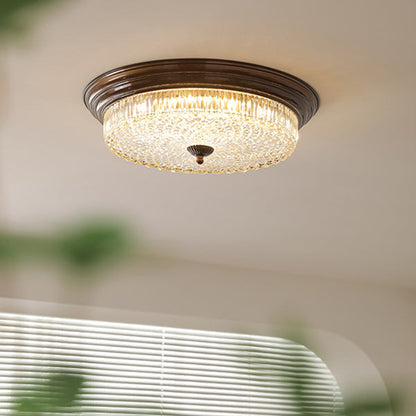 Traditional French Glass Iron Textured Round LED Flush Mount Ceiling Light For Bedroom