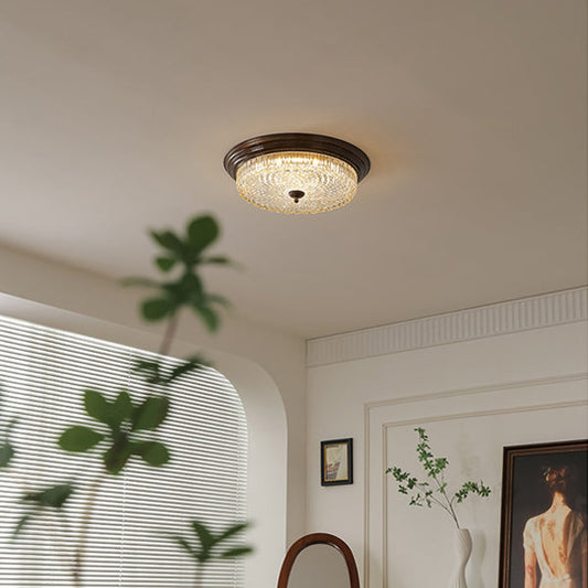 Traditional French Glass Iron Textured Round LED Flush Mount Ceiling Light For Bedroom
