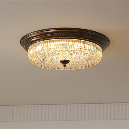 Traditional French Glass Iron Textured Round LED Flush Mount Ceiling Light For Bedroom