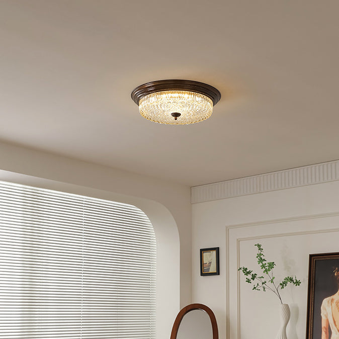 Traditional French Glass Iron Textured Round LED Flush Mount Ceiling Light For Bedroom