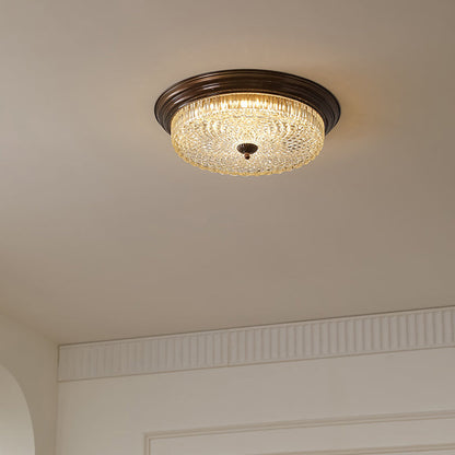 Traditional French Glass Iron Textured Round LED Flush Mount Ceiling Light For Bedroom