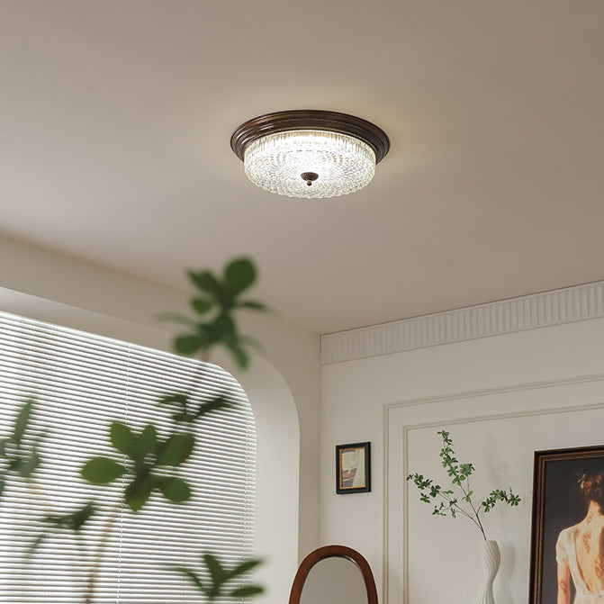 Traditional French Glass Iron Textured Round LED Flush Mount Ceiling Light For Bedroom