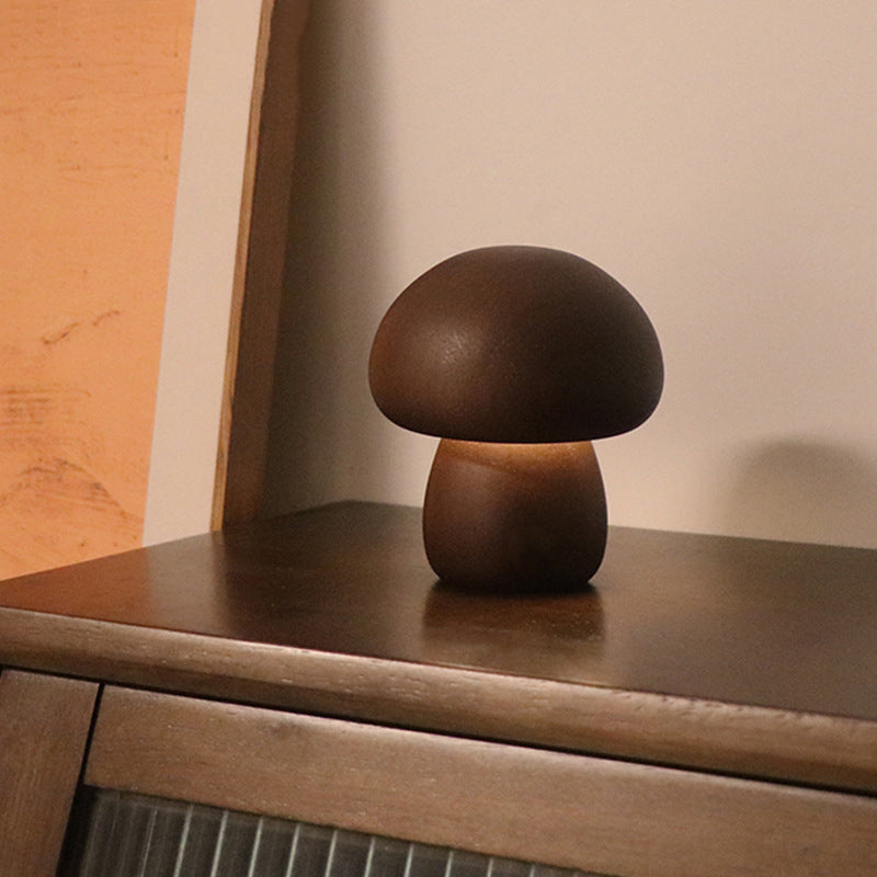 Contemporary Creative Wood Mushroom Round LED Table Lamp For Bedroom