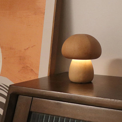 Contemporary Creative Wood Mushroom Round LED Table Lamp For Bedroom