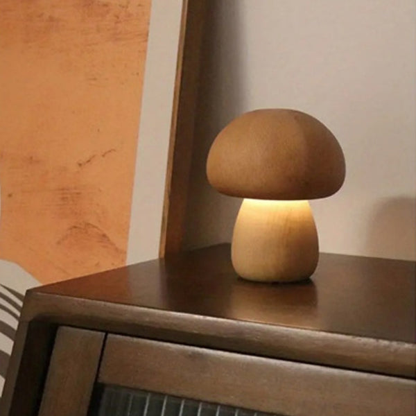 Contemporary Creative Wood Mushroom Round LED Table Lamp For Bedroom