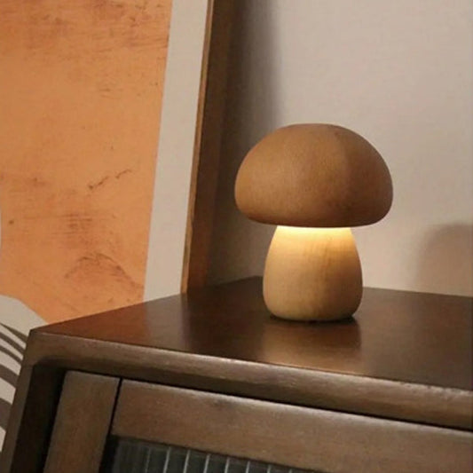 Contemporary Creative Wood Mushroom Round LED Table Lamp For Bedroom