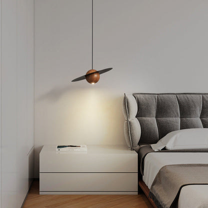 Traditional Vintage Brass Walnut Planet Round LED Pendant Light For Living Room