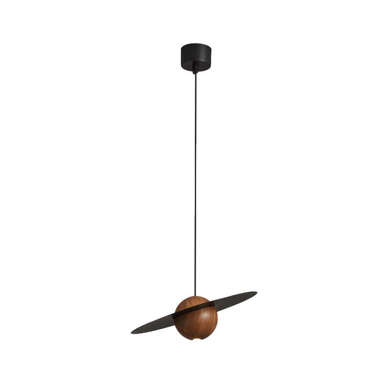 Traditional Vintage Brass Walnut Planet Round LED Pendant Light For Living Room